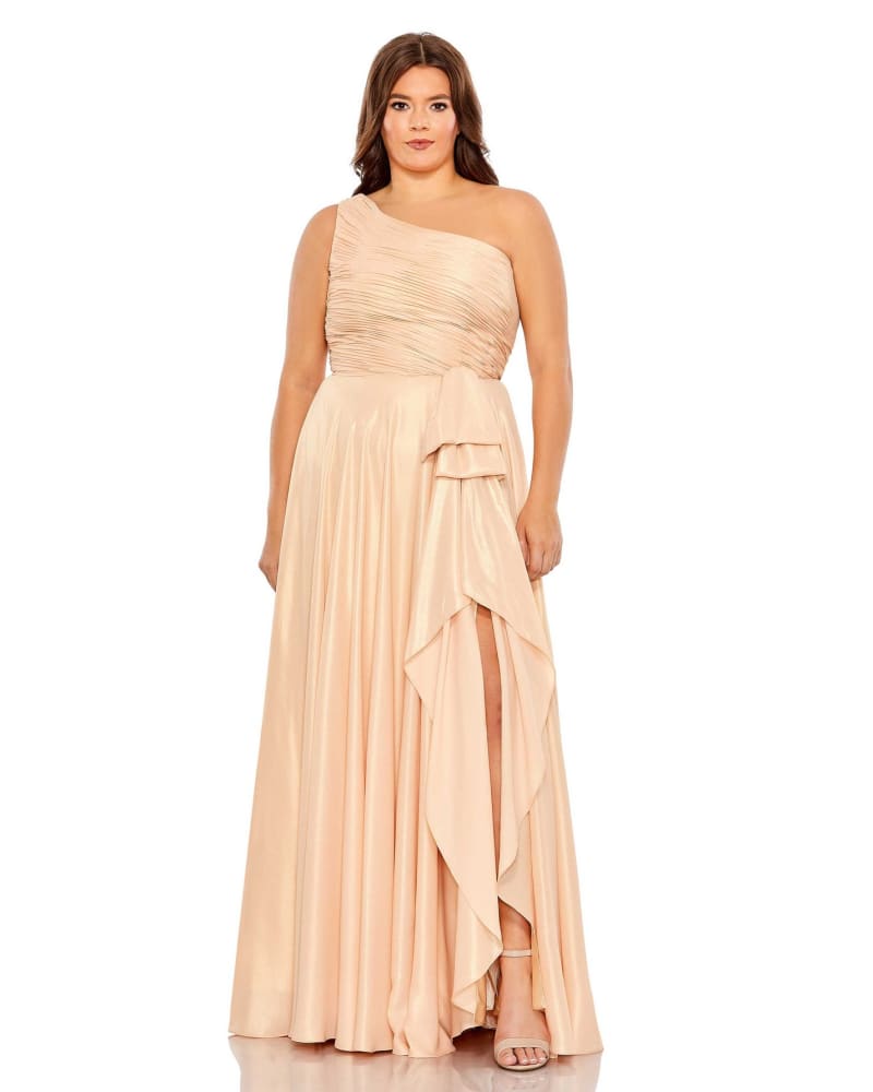 Front of a model wearing a size 14W Ruched One Shoulder Soft Tie Draped A Line Gown in Gold by Mac Duggal. | dia_product_style_image_id:290034